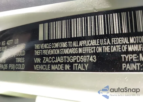 2016 Jeep Renegade Latitude from USA, damaged, VIN ZACCJABT3GPD59743